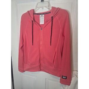 DKNY Sport Womens Mesh Full Zip Hoodie Coral Pink Lightweight Jacket XS